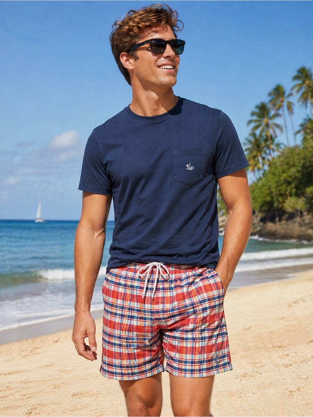 Brooks Brothers Plaid Swim Trunks Men’s Medium Red Blue Preppy NWOT Key Pocket